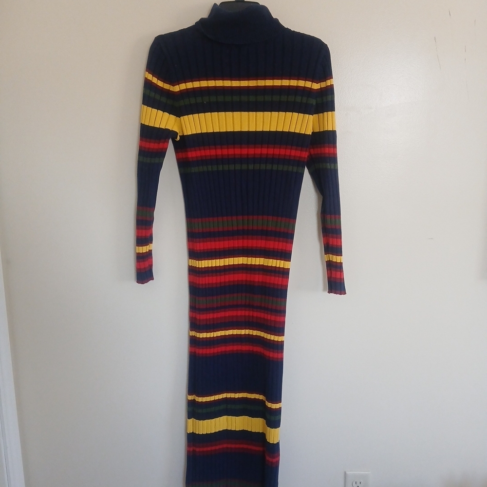Eloquii Navy Multicolor Striped Long Sleeve Dress